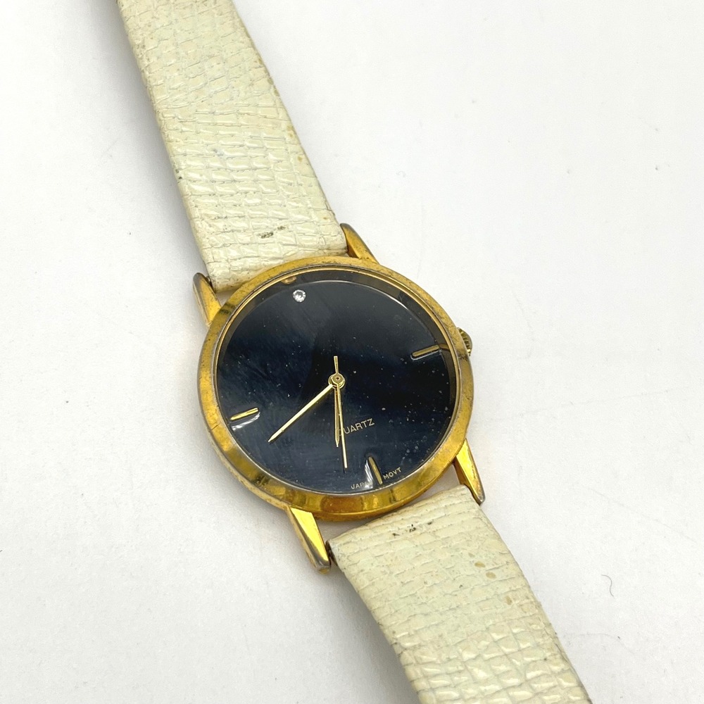 Kreisler Timeless Gold Tone Round Black Dial Quartz Watch Cream Lizard‎ Band